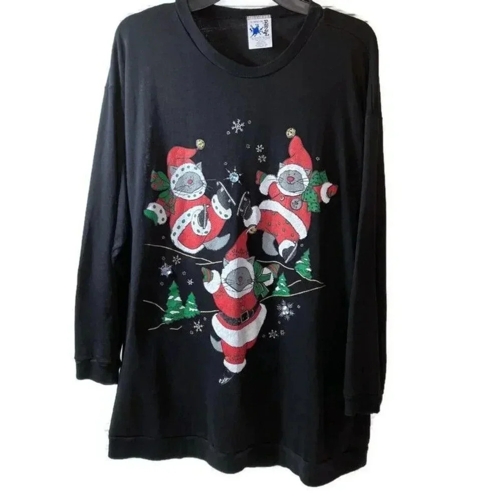 Marcy 'n Me Womens 90s Vintage Christmas Santa Claus Cats Shirt 1X Black XM EXC - Picture 2 of 8